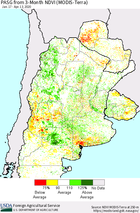 Southern South America PASG from 3-Month NDVI (Terra-MODIS) Thematic Map For 4/11/2020 - 4/20/2020