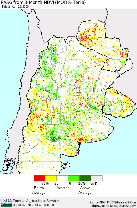 Southern South America PASG from 3-Month NDVI (Terra-MODIS) Thematic Map For 4/21/2020 - 4/30/2020