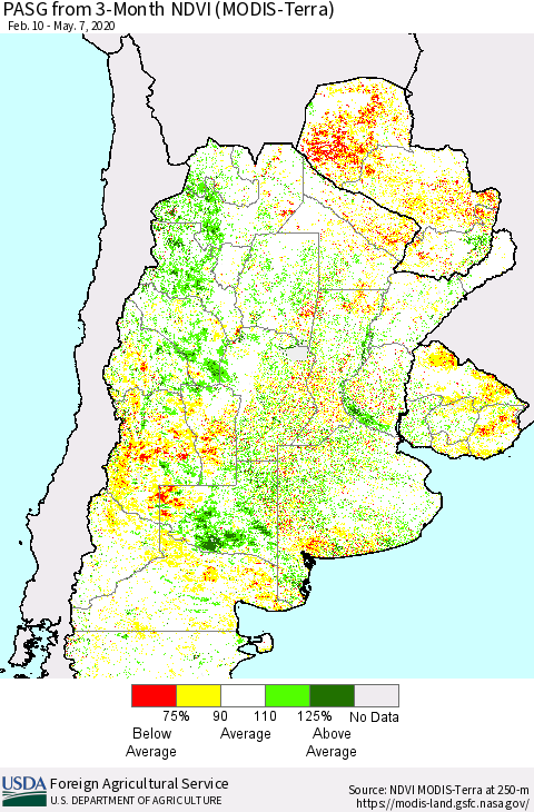 Southern South America PASG from 3-Month NDVI (Terra-MODIS) Thematic Map For 5/1/2020 - 5/10/2020