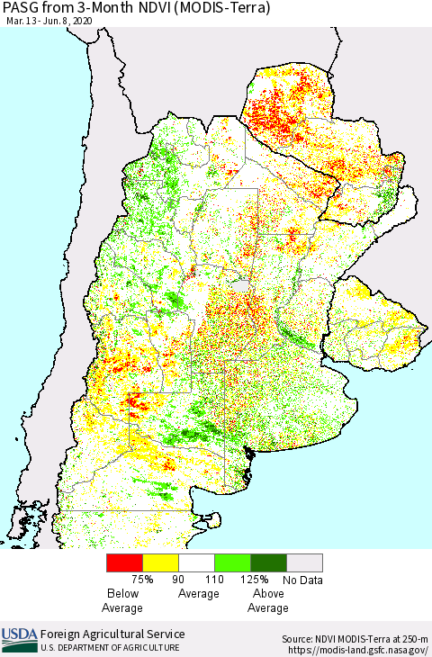 Southern South America PASG from 3-Month NDVI (Terra-MODIS) Thematic Map For 6/1/2020 - 6/10/2020