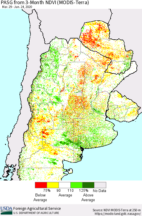Southern South America PASG from 3-Month NDVI (Terra-MODIS) Thematic Map For 6/21/2020 - 6/30/2020