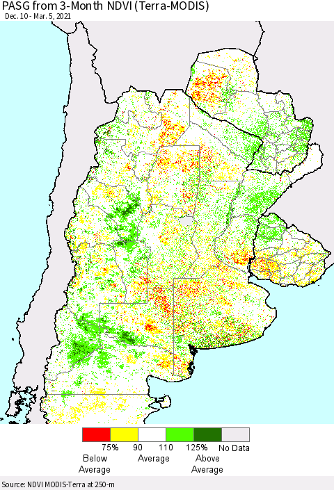 Southern South America PASG from 3-Month NDVI (Terra-MODIS) Thematic Map For 2/26/2021 - 3/5/2021
