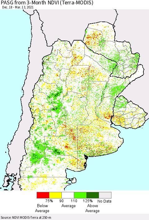 Southern South America PASG from 3-Month NDVI (Terra-MODIS) Thematic Map For 3/6/2021 - 3/13/2021