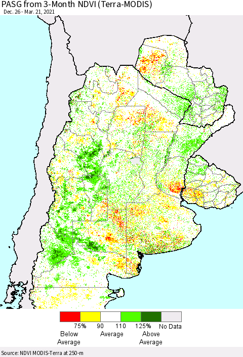 Southern South America PASG from 3-Month NDVI (Terra-MODIS) Thematic Map For 3/14/2021 - 3/21/2021