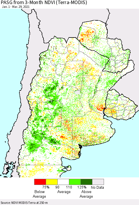 Southern South America PASG from 3-Month NDVI (Terra-MODIS) Thematic Map For 3/22/2021 - 3/29/2021