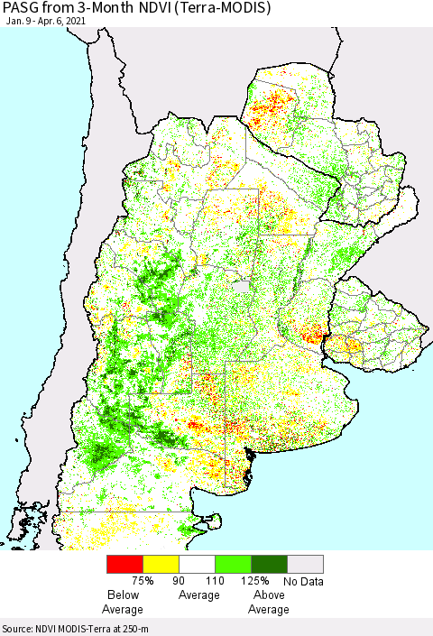 Southern South America PASG from 3-Month NDVI (Terra-MODIS) Thematic Map For 3/30/2021 - 4/6/2021