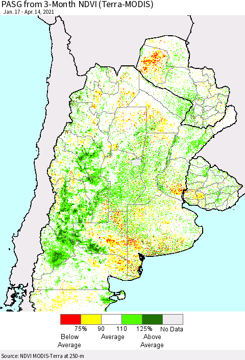 Southern South America PASG from 3-Month NDVI (Terra-MODIS) Thematic Map For 4/7/2021 - 4/14/2021