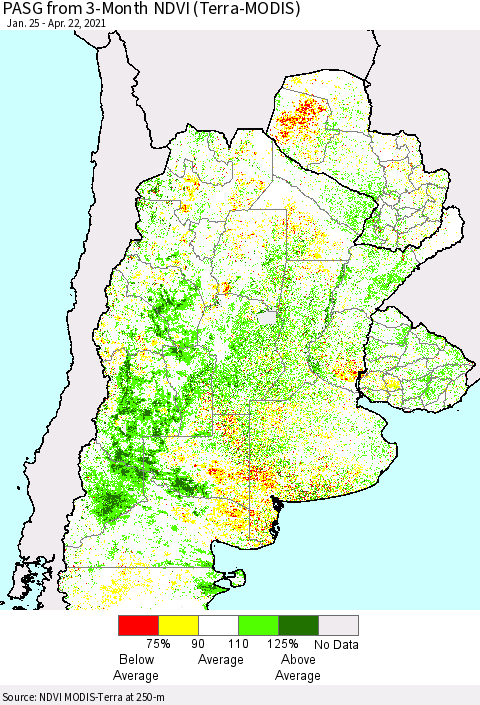 Southern South America PASG from 3-Month NDVI (Terra-MODIS) Thematic Map For 4/15/2021 - 4/22/2021