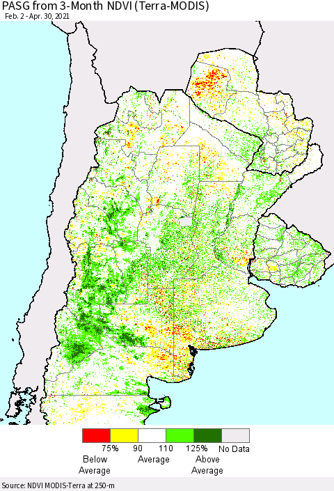 Southern South America PASG from 3-Month NDVI (Terra-MODIS) Thematic Map For 4/23/2021 - 4/30/2021