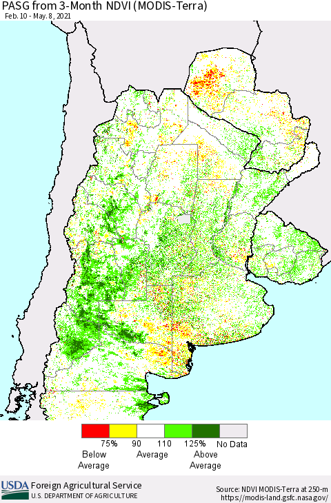 Southern South America PASG from 3-Month NDVI (Terra-MODIS) Thematic Map For 5/1/2021 - 5/10/2021