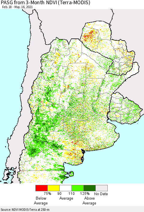 Southern South America PASG from 3-Month NDVI (Terra-MODIS) Thematic Map For 5/9/2021 - 5/16/2021