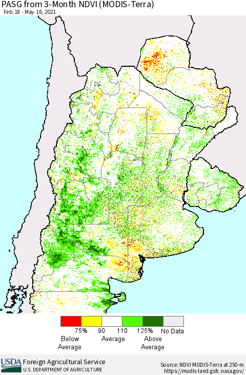 Southern South America PASG from 3-Month NDVI (Terra-MODIS) Thematic Map For 5/11/2021 - 5/20/2021