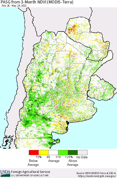 Southern South America PASG from 3-Month NDVI (Terra-MODIS) Thematic Map For 5/21/2021 - 5/31/2021