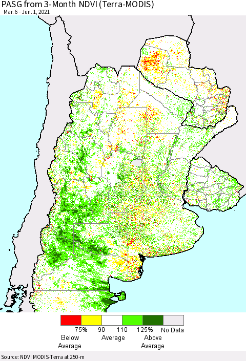 Southern South America PASG from 3-Month NDVI (Terra-MODIS) Thematic Map For 5/25/2021 - 6/1/2021