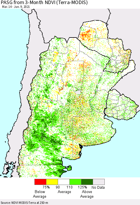 Southern South America PASG from 3-Month NDVI (Terra-MODIS) Thematic Map For 6/2/2021 - 6/9/2021