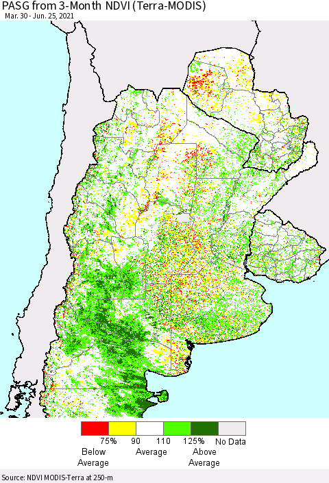 Southern South America PASG from 3-Month NDVI (Terra-MODIS) Thematic Map For 6/18/2021 - 6/25/2021