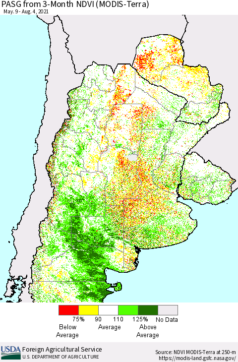 Southern South America PASG from 3-Month NDVI (Terra-MODIS) Thematic Map For 8/1/2021 - 8/10/2021