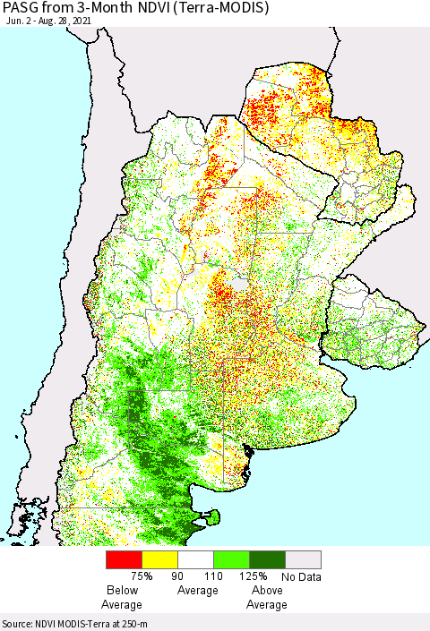 Southern South America PASG from 3-Month NDVI (Terra-MODIS) Thematic Map For 8/21/2021 - 8/28/2021