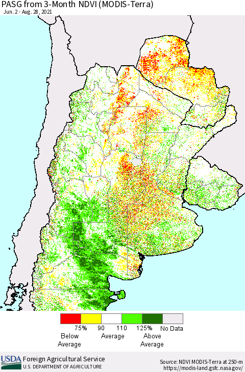 Southern South America PASG from 3-Month NDVI (Terra-MODIS) Thematic Map For 8/21/2021 - 8/31/2021