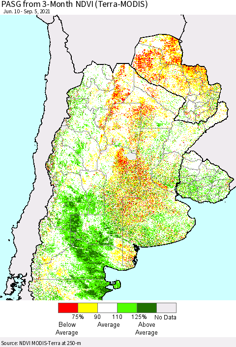 Southern South America PASG from 3-Month NDVI (Terra-MODIS) Thematic Map For 8/29/2021 - 9/5/2021
