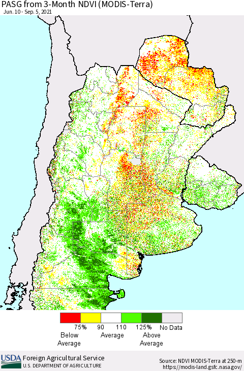 Southern South America PASG from 3-Month NDVI (Terra-MODIS) Thematic Map For 9/1/2021 - 9/10/2021