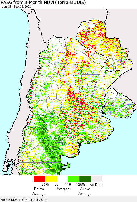 Southern South America PASG from 3-Month NDVI (Terra-MODIS) Thematic Map For 9/6/2021 - 9/13/2021