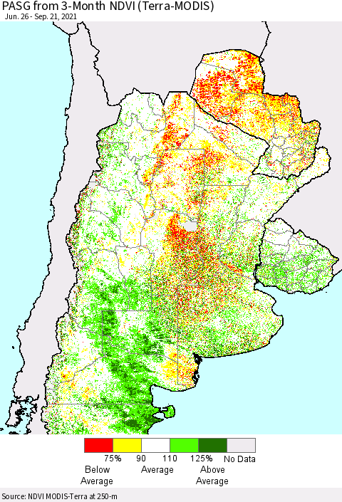Southern South America PASG from 3-Month NDVI (Terra-MODIS) Thematic Map For 9/14/2021 - 9/21/2021