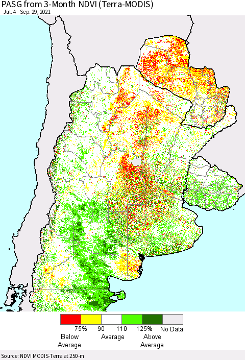 Southern South America PASG from 3-Month NDVI (Terra-MODIS) Thematic Map For 9/22/2021 - 9/29/2021