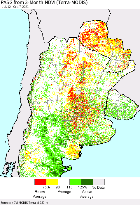 Southern South America PASG from 3-Month NDVI (Terra-MODIS) Thematic Map For 9/30/2021 - 10/7/2021