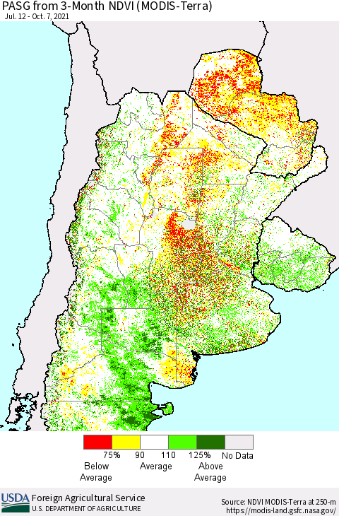 Southern South America PASG from 3-Month NDVI (Terra-MODIS) Thematic Map For 10/1/2021 - 10/10/2021