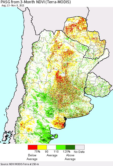 Southern South America PASG from 3-Month NDVI (Terra-MODIS) Thematic Map For 11/1/2021 - 11/8/2021