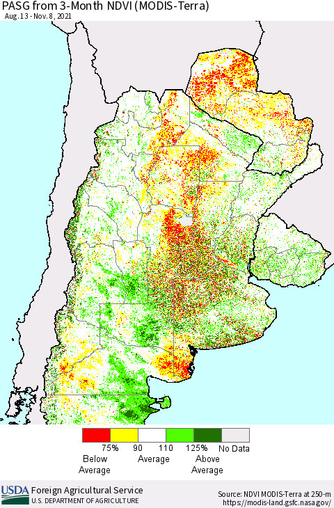 Southern South America PASG from 3-Month NDVI (Terra-MODIS) Thematic Map For 11/1/2021 - 11/10/2021