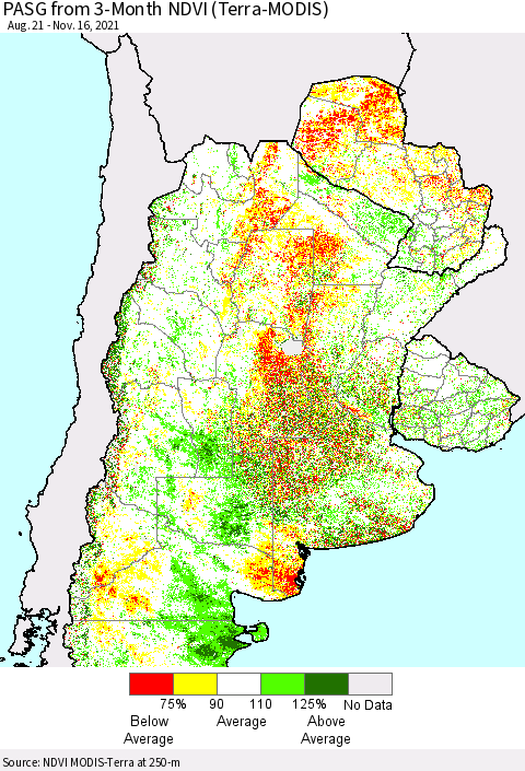 Southern South America PASG from 3-Month NDVI (Terra-MODIS) Thematic Map For 11/9/2021 - 11/16/2021