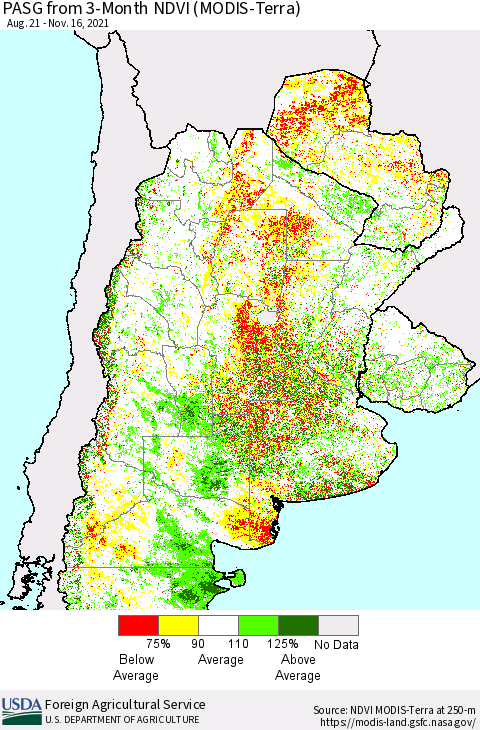 Southern South America PASG from 3-Month NDVI (Terra-MODIS) Thematic Map For 11/11/2021 - 11/20/2021
