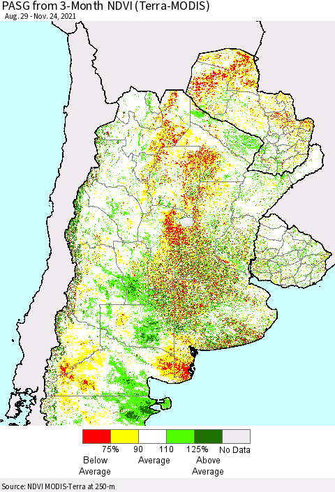 Southern South America PASG from 3-Month NDVI (Terra-MODIS) Thematic Map For 11/17/2021 - 11/24/2021