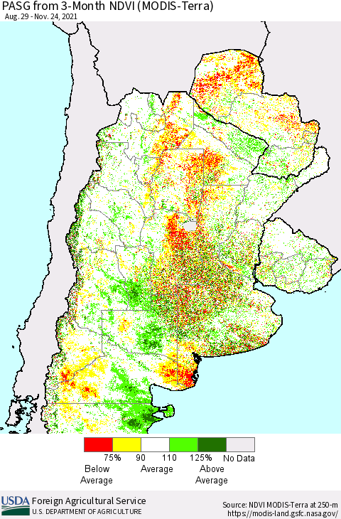 Southern South America PASG from 3-Month NDVI (Terra-MODIS) Thematic Map For 11/21/2021 - 11/30/2021