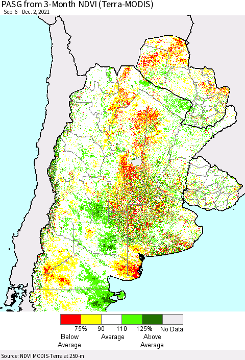 Southern South America PASG from 3-Month NDVI (Terra-MODIS) Thematic Map For 11/25/2021 - 12/2/2021