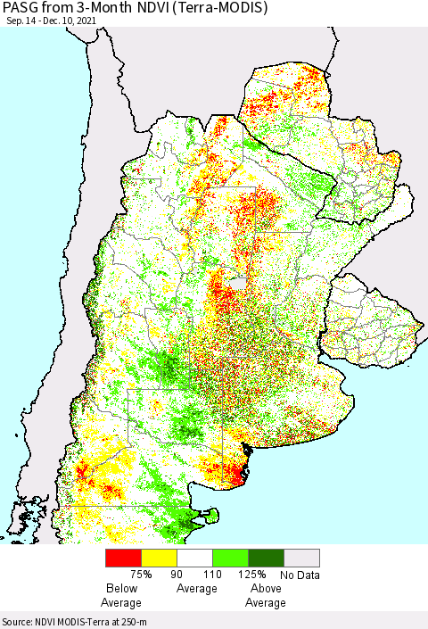 Southern South America PASG from 3-Month NDVI (Terra-MODIS) Thematic Map For 12/1/2021 - 12/10/2021