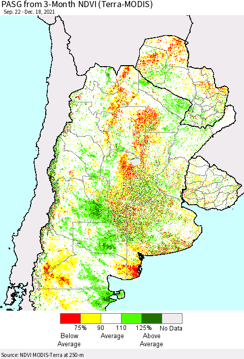 Southern South America PASG from 3-Month NDVI (Terra-MODIS) Thematic Map For 12/11/2021 - 12/18/2021