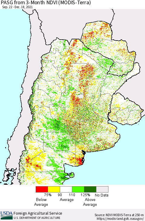 Southern South America PASG from 3-Month NDVI (Terra-MODIS) Thematic Map For 12/11/2021 - 12/20/2021