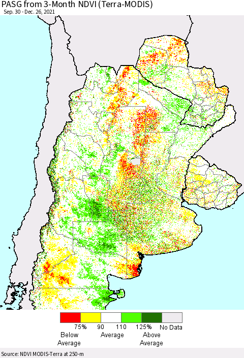 Southern South America PASG from 3-Month NDVI (Terra-MODIS) Thematic Map For 12/19/2021 - 12/26/2021