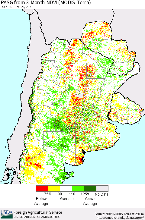 Southern South America PASG from 3-Month NDVI (Terra-MODIS) Thematic Map For 12/21/2021 - 12/31/2021