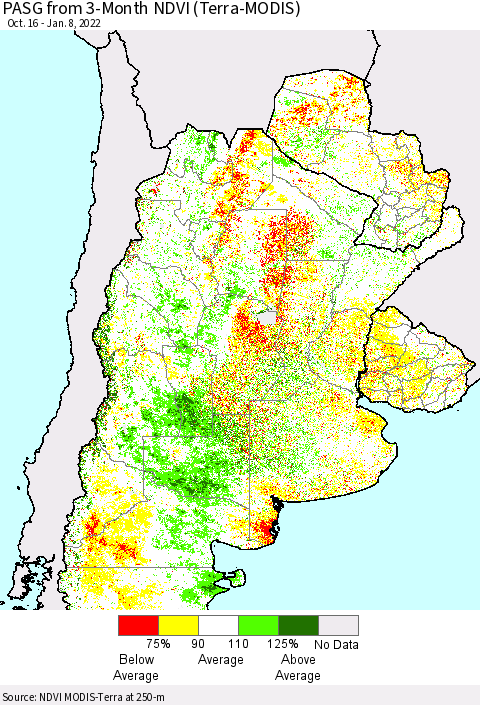 Southern South America PASG from 3-Month NDVI (Terra-MODIS) Thematic Map For 1/1/2022 - 1/8/2022