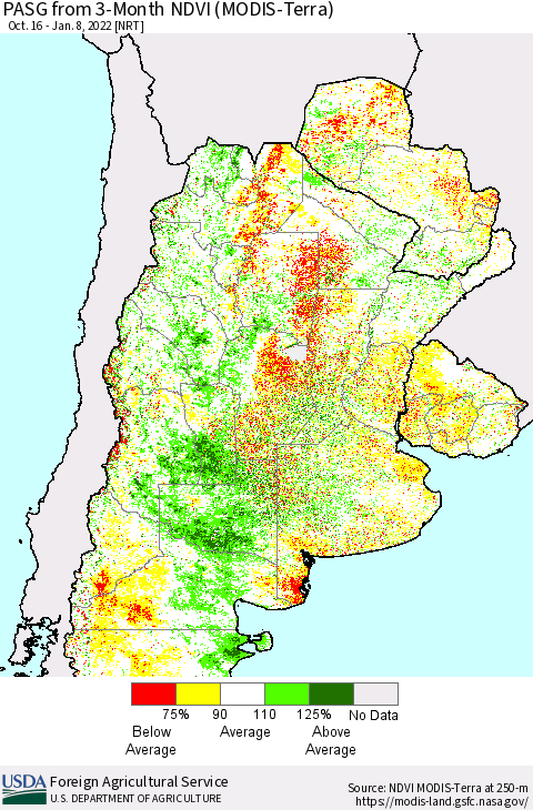 Southern South America PASG from 3-Month NDVI (Terra-MODIS) Thematic Map For 1/1/2022 - 1/10/2022