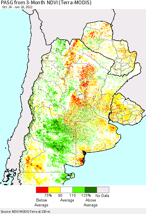 Southern South America PASG from 3-Month NDVI (Terra-MODIS) Thematic Map For 1/9/2022 - 1/16/2022