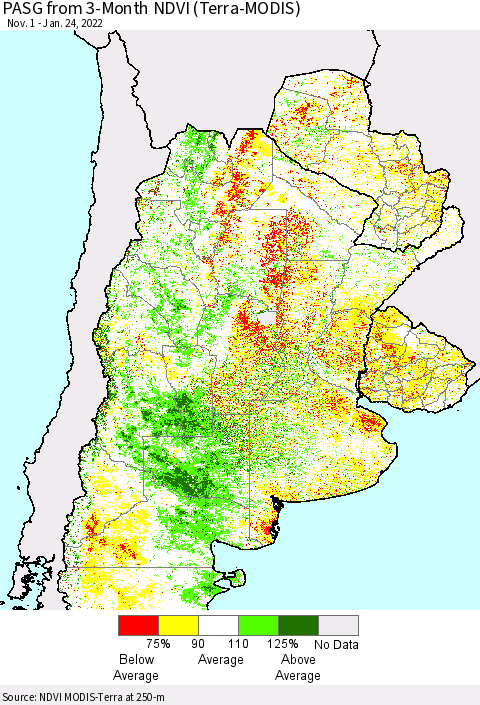 Southern South America PASG from 3-Month NDVI (Terra-MODIS) Thematic Map For 1/17/2022 - 1/24/2022
