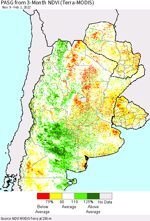 Southern South America PASG from 3-Month NDVI (Terra-MODIS) Thematic Map For 1/25/2022 - 2/1/2022