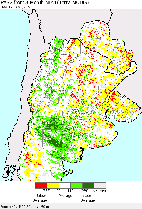 Southern South America PASG from 3-Month NDVI (Terra-MODIS) Thematic Map For 2/2/2022 - 2/9/2022