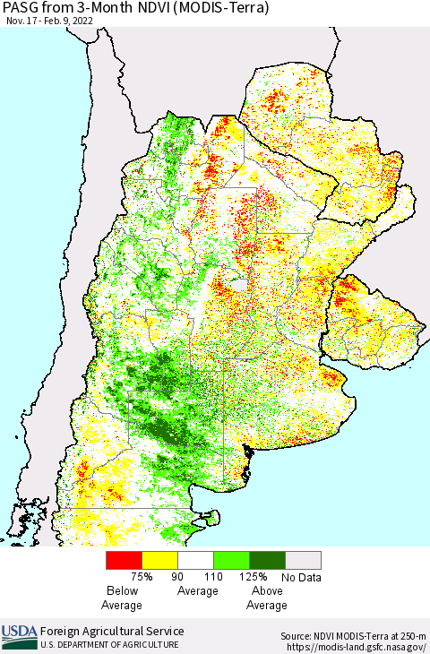 Southern South America PASG from 3-Month NDVI (Terra-MODIS) Thematic Map For 2/1/2022 - 2/10/2022