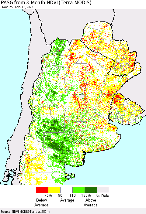Southern South America PASG from 3-Month NDVI (Terra-MODIS) Thematic Map For 2/10/2022 - 2/17/2022